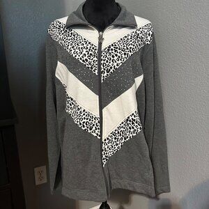 Kim Rogers Jacket Womens 1X Zip Leopard Animal Print Rhinestones Casual Chevron